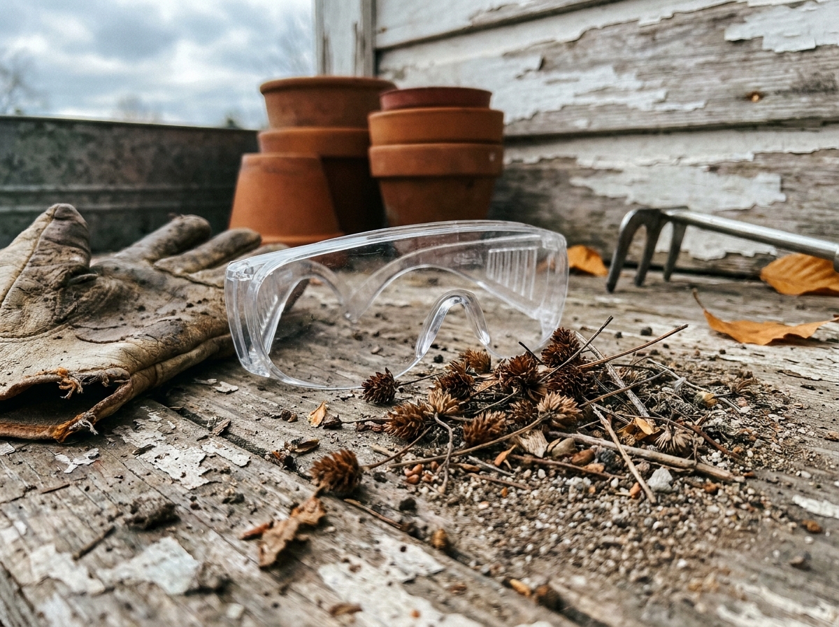 Lunettes de protection et gants de jardinage posés sur un établi en bois avec des débris végétaux d'automne