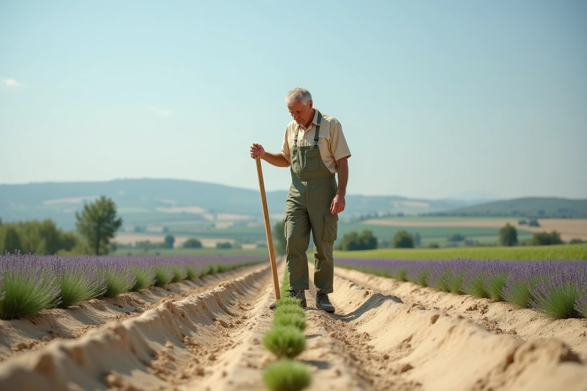 Jardinier mesurant l'espacement entre des plants de lavande sur un rang tracé dans un champ agricole