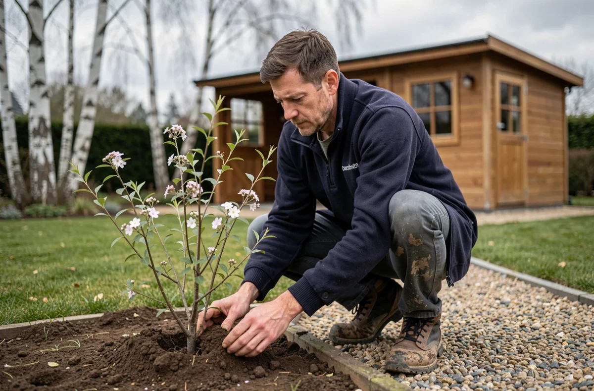 Jardinier de l'Établissement David plantant un arbuste ornemental dans un jardin pavillonnaire du Nord de la France