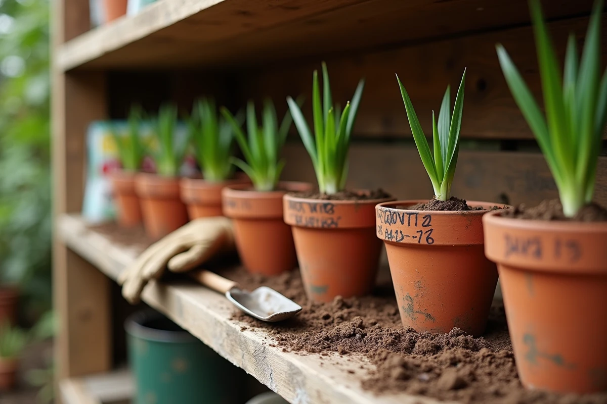 Étagère en bois dans un abri de jardin avec plusieurs pots en terre cuite à différents stades de plantation de bulbes de lys