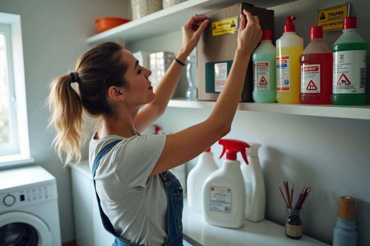 Femme étiquetant une boîte de stockage de produits chimiques sur une étagère haute dans une buanderie familiale