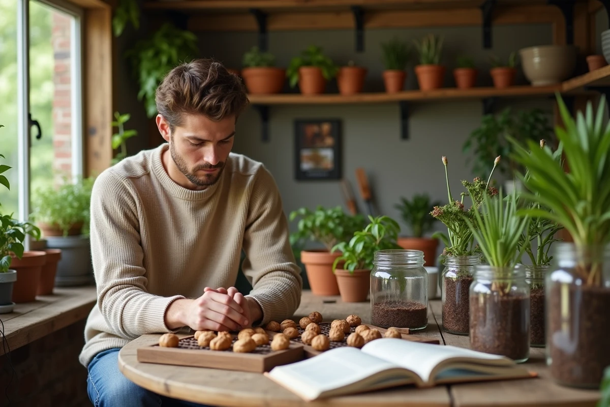 Jeune homme observant des noix sur une table en intérieur