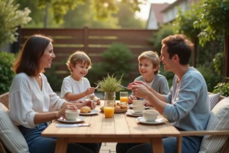 Famille souriante autour d'un petit déjeuner en extérieur