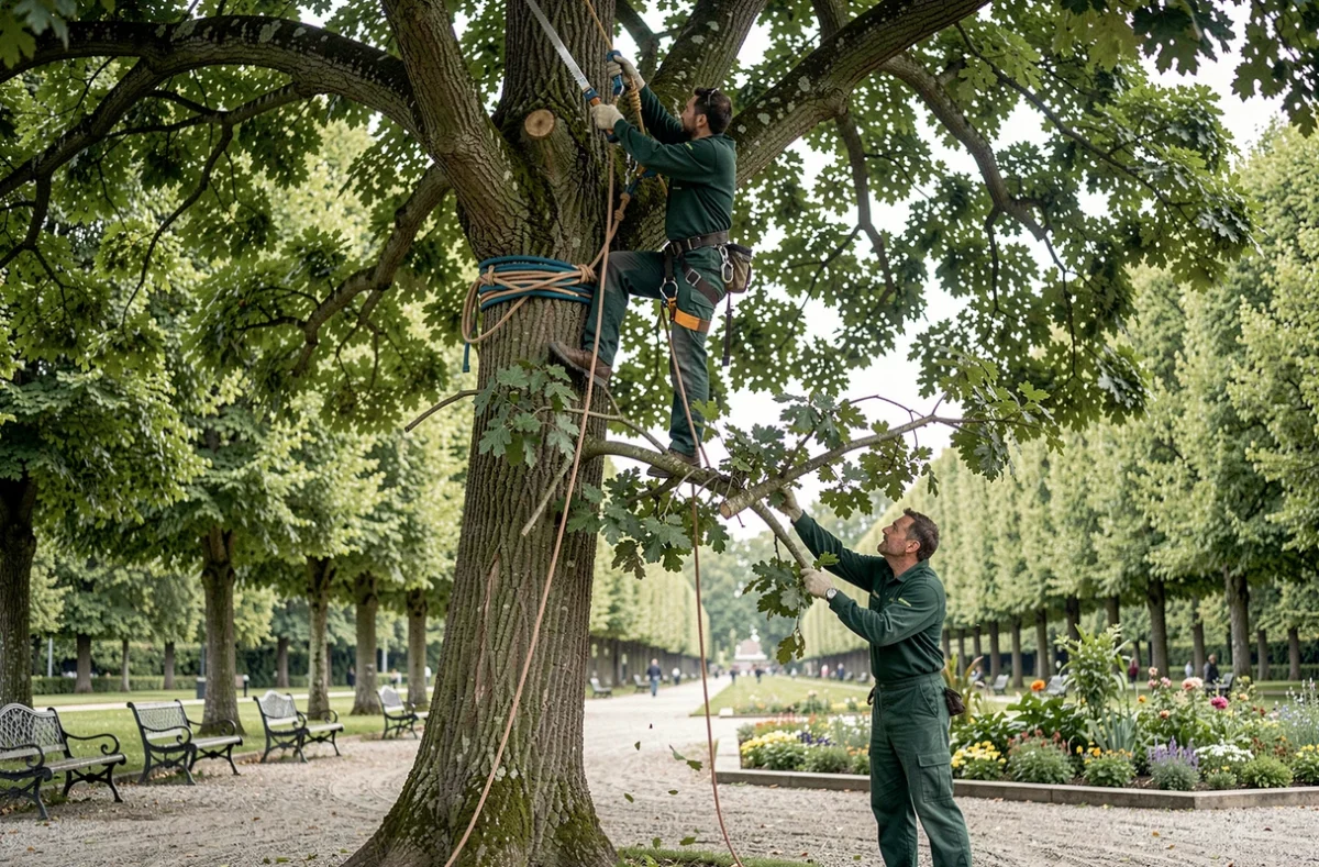 Arboristes de Félix Brossard Parcs et Jardins élagant un grand chêne dans un parc public du Nord de la France