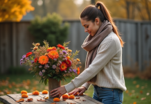 Femme arrangeant un bouquet de fleurs d'automne dans un jardin