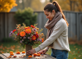 Fleur du mois de novembre : quelles variétés choisir pour ce mois automnal ? Femme arrangeant un bouquet de fleurs d'automne dans un jardin