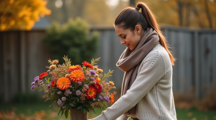 Femme arrangeant un bouquet de fleurs d'automne dans un jardin