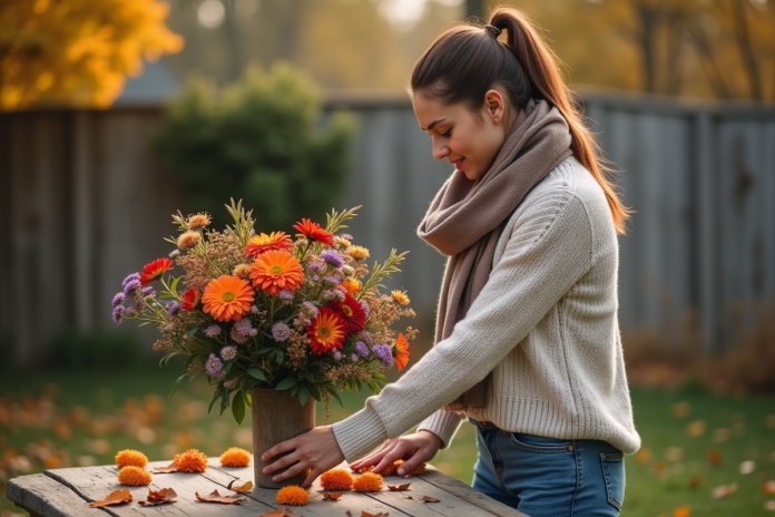 Femme arrangeant un bouquet de fleurs d'automne dans un jardin