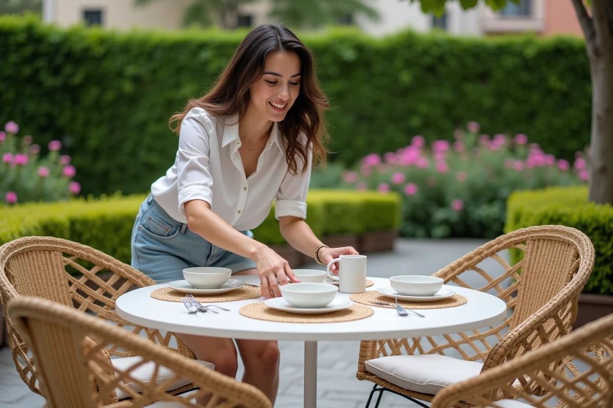 Jeune femme arrangeant la vaisselle sur une table de patio