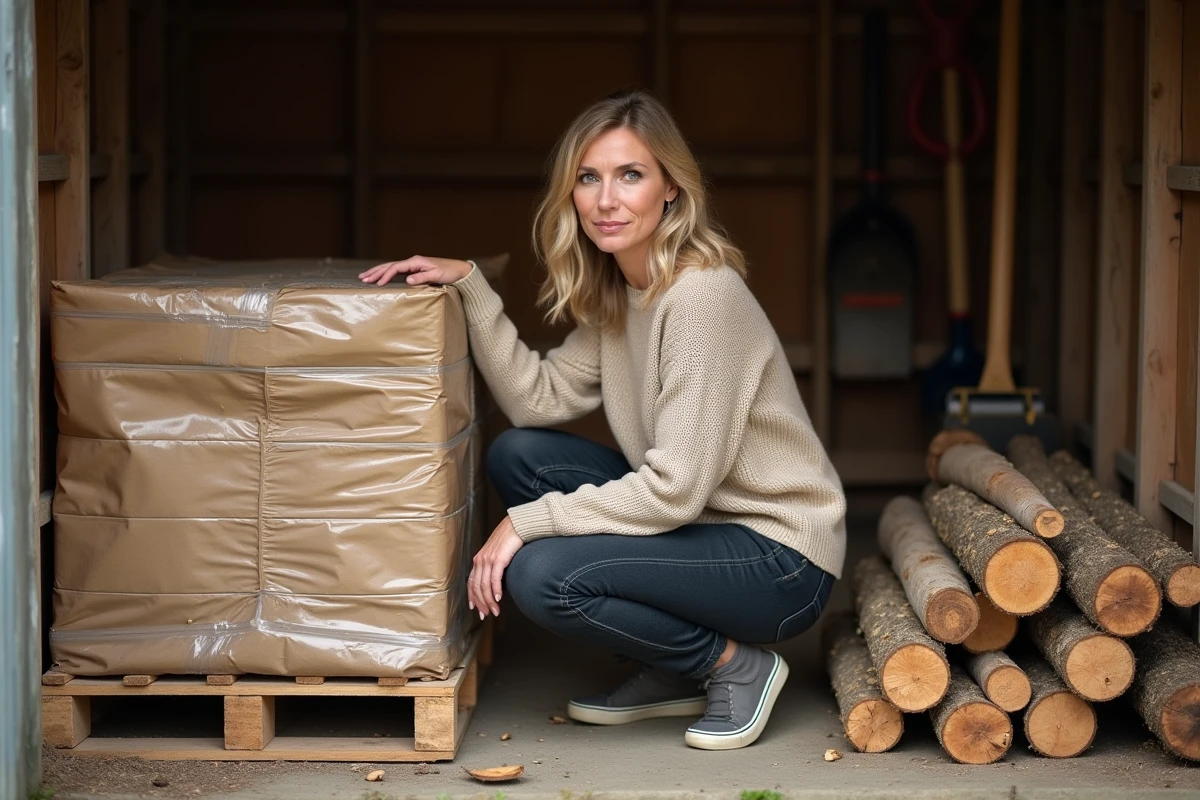 Femme comparant du bois de chauffage en palette et en vrac dans un hangar de stockage