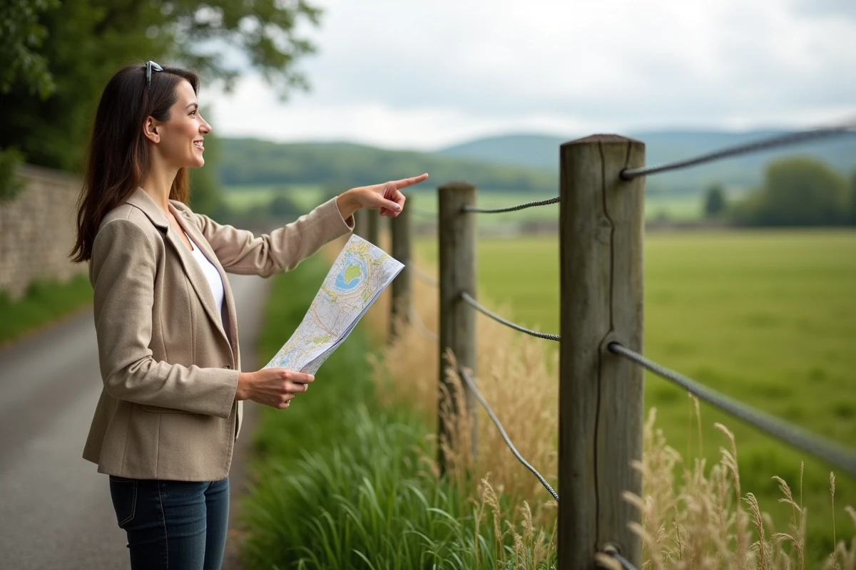 Femme évaluant la superficie d'un terrain en ares avec une carte topographique à la main dans un cadre rural verdoyant