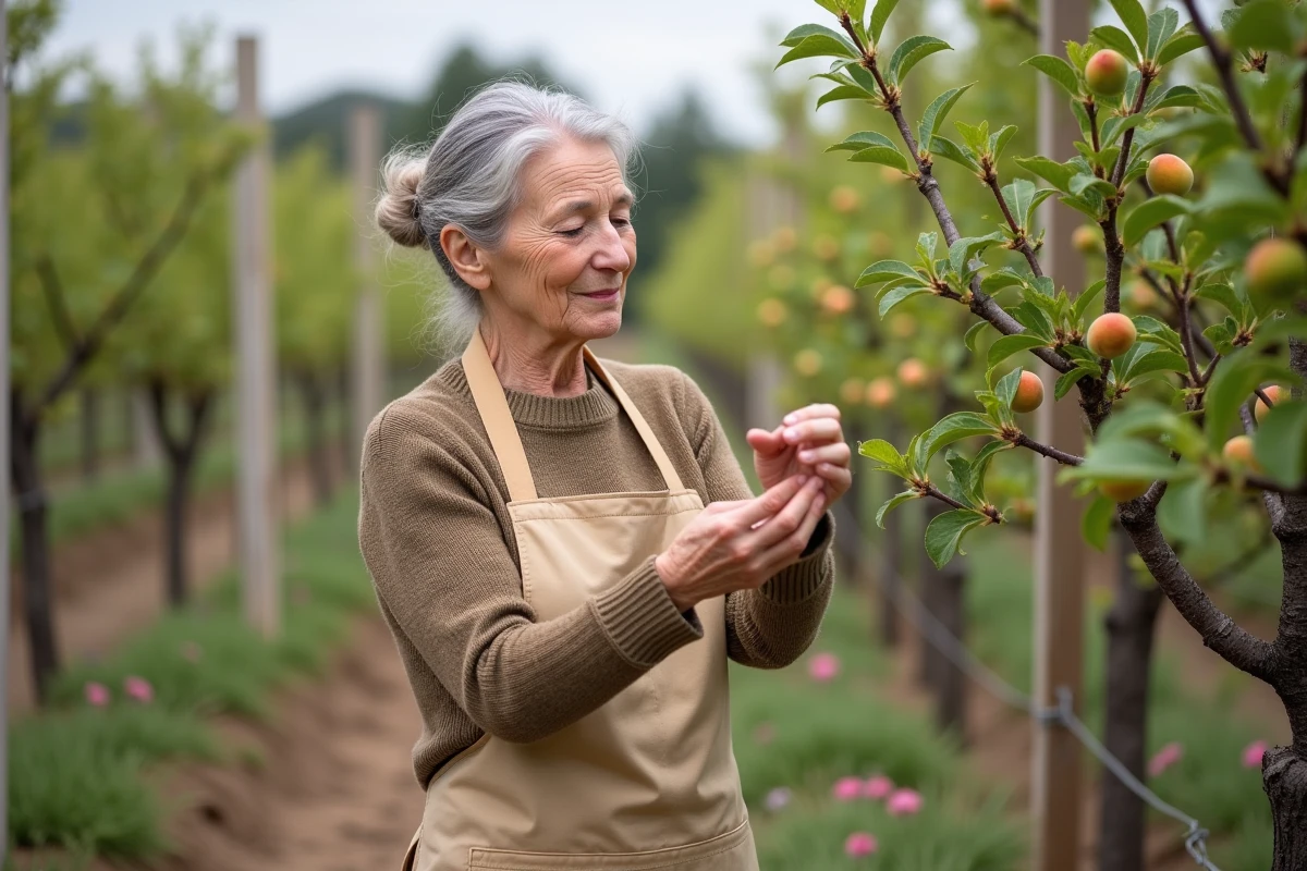 Femme agée observant branches de vigne en printemps