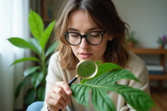 Jeune femme observant des insectes sur une feuille de plante