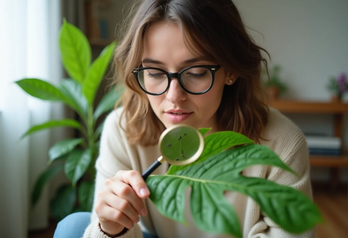Jeune femme observant des insectes sur une feuille de plante