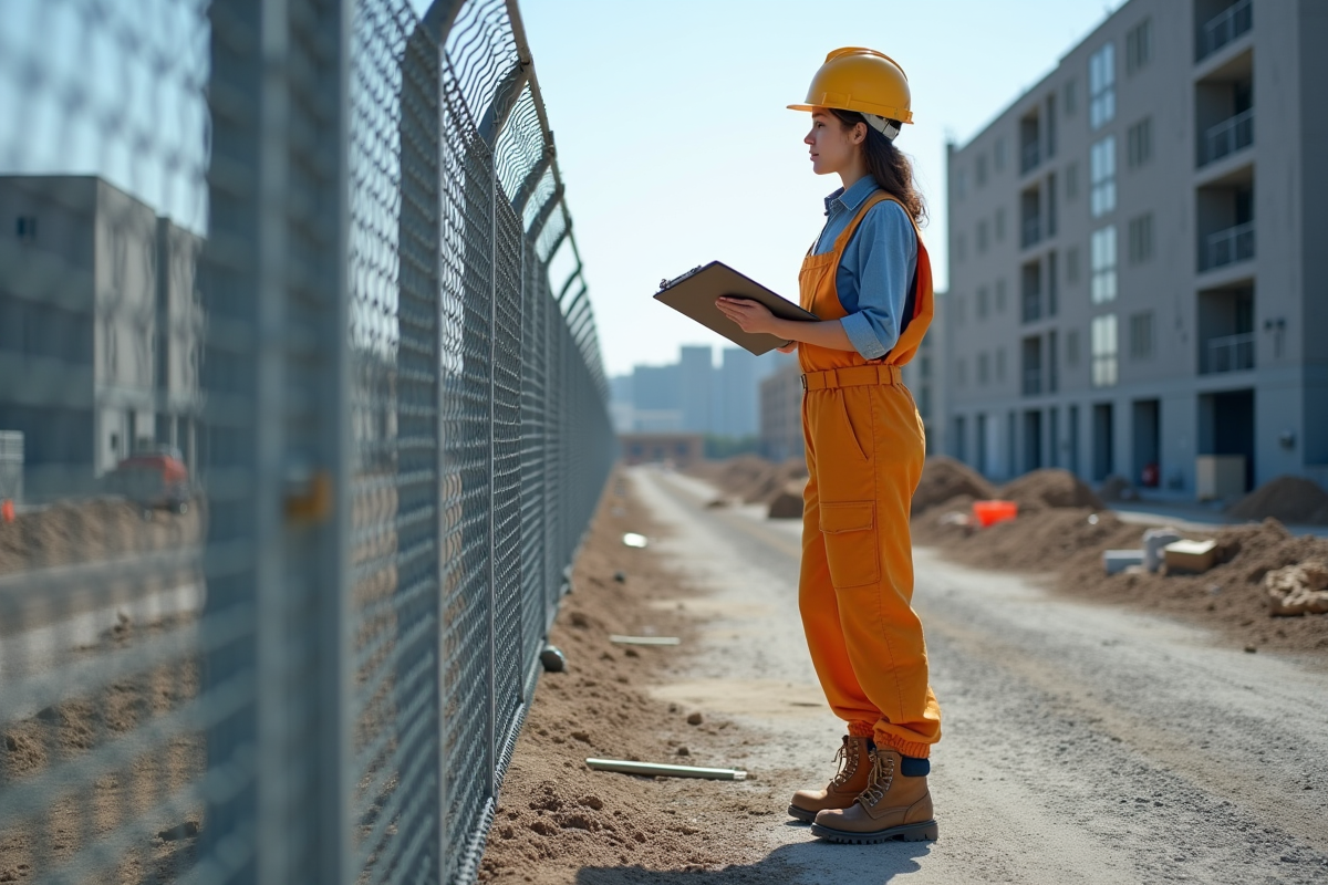 Jeune femme en tenue de chantier inspecte une clôture métallique