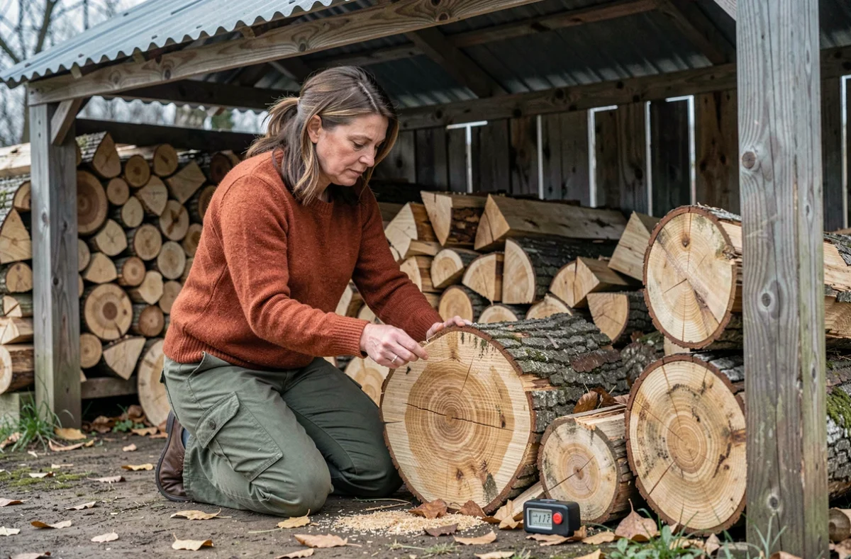 Femme inspectant la qualité d'une bûche d'albizia fendue dans un abri à bois couvert pour évaluer son taux d'humidité