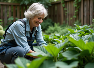 Plantes d’ombre : quelles variétés choisir pour un jardin ombragé ? Femme d'âge moyen dans un jardin ombragé examine des hostas