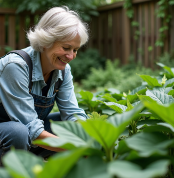 Femme d'âge moyen dans un jardin ombragé examine des hostas