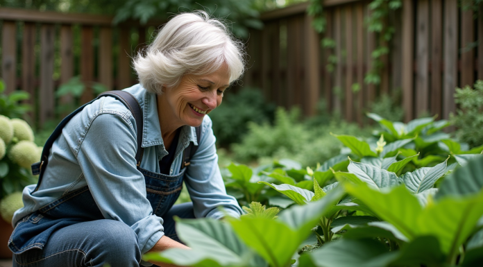Femme d'âge moyen dans un jardin ombragé examine des hostas