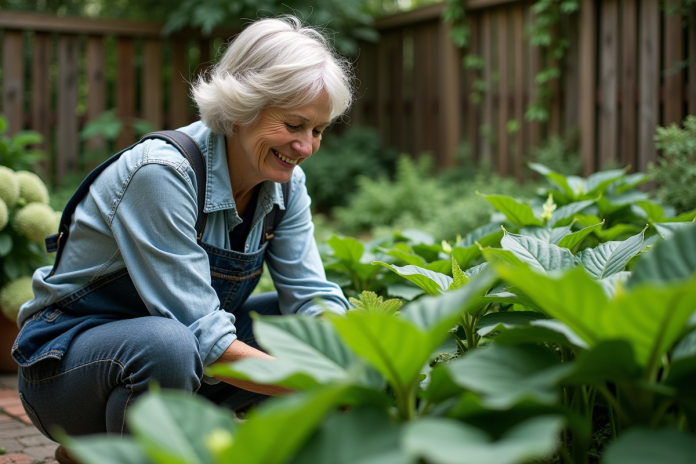femme-jardin-ombre-hostas Femme d'âge moyen dans un jardin ombragé examine des hostas
