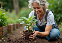 Booster racines : 10 astuces efficaces pour renforcer vos plantes Femme d'âge moyen tenant une petite plante en pot dans un jardin