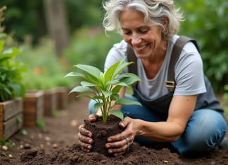 Booster racines : 10 astuces efficaces pour renforcer vos plantes Femme d'âge moyen tenant une petite plante en pot dans un jardin