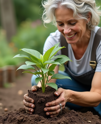 Femme d'âge moyen tenant une petite plante en pot dans un jardin