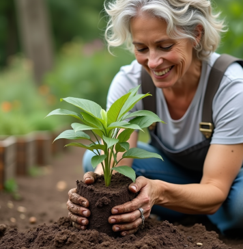 Femme d'âge moyen tenant une petite plante en pot dans un jardin