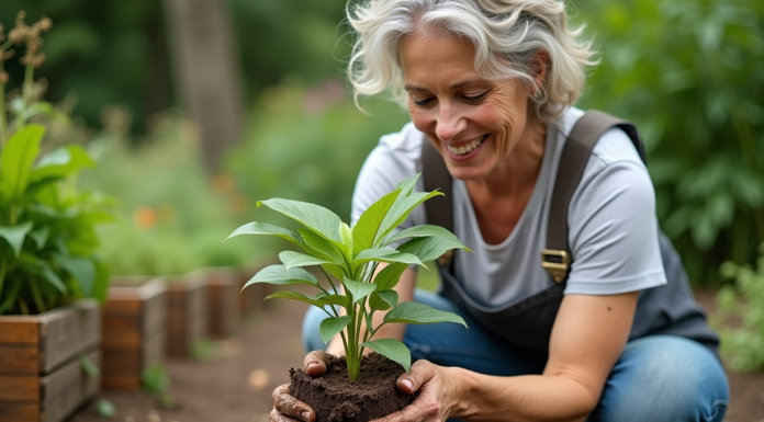 Femme d'âge moyen tenant une petite plante en pot dans un jardin