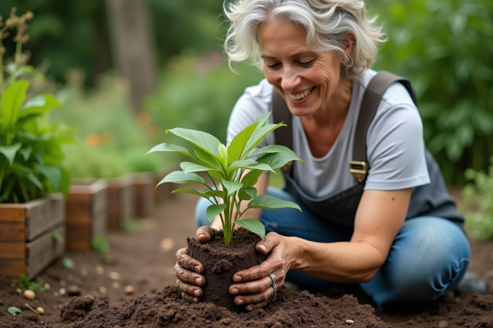 Femme d'âge moyen tenant une petite plante en pot dans un jardin