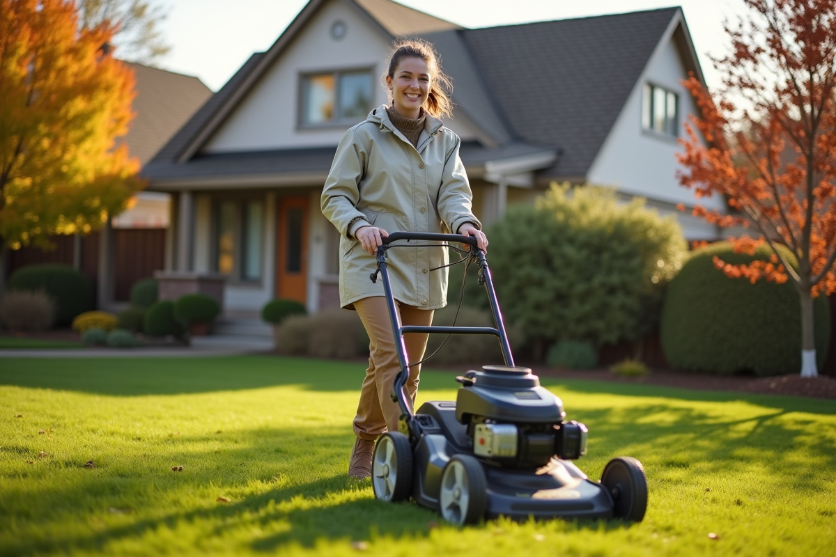 Jeune femme poussant une tondeuse en automne dans le jardin