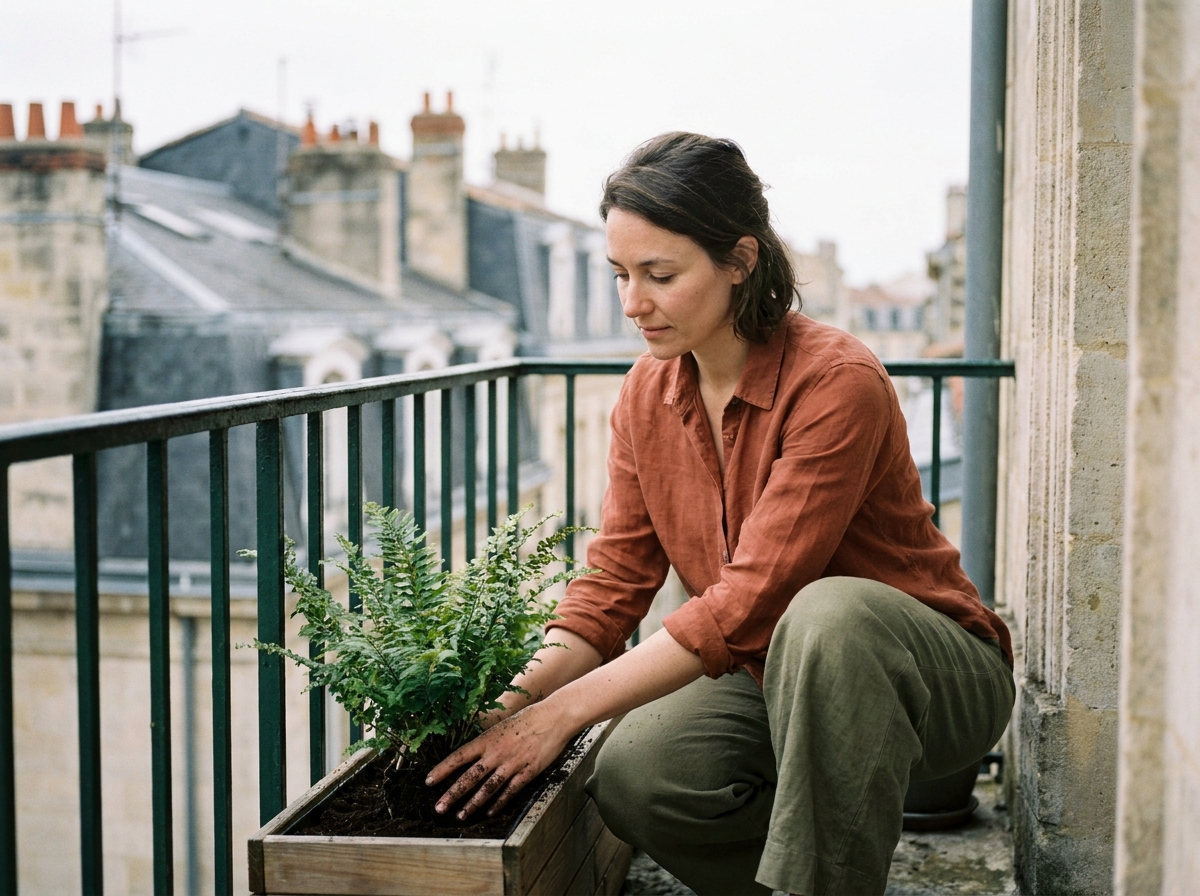Jeune femme rempotant une fougère sur un balcon bordelais en fer forgé, avec des toits haussmanniens en arrière-plan.