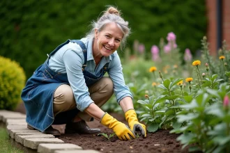 Femme d'âge moyen en jardinage avec gants et tablier en denim