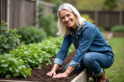 Femme en jardinage plantant du persil dans le sol