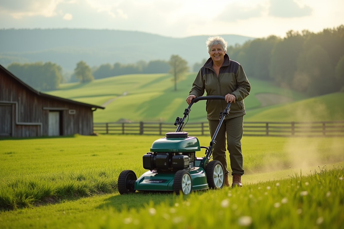 Femme âgée guidant une tondeuse dans un paysage rural paisible