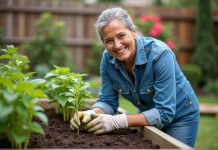 Femme en denim plantant des jeunes pousses dans un jardin
