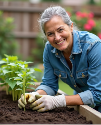 Femme en denim plantant des jeunes pousses dans un jardin