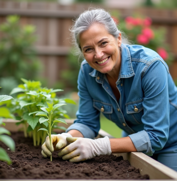 Femme en denim plantant des jeunes pousses dans un jardin