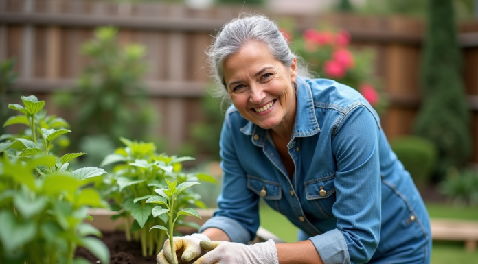 Femme en denim plantant des jeunes pousses dans un jardin