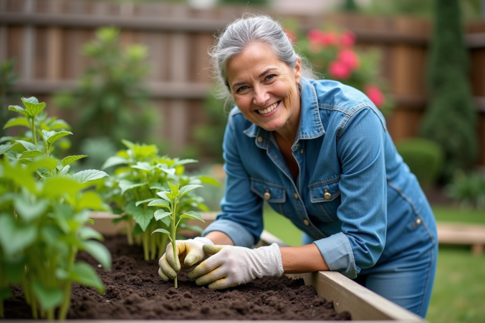 femme-jardinage-plantation Femme en denim plantant des jeunes pousses dans un jardin