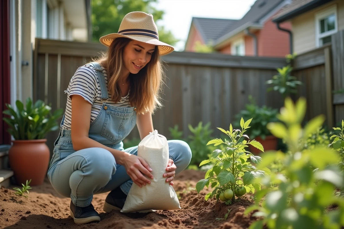 Jeune femme en overalls examine plants de tomates