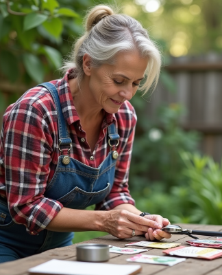 Femme examinant des graines dans un jardin rustique