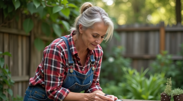 Femme examinant des graines dans un jardin rustique