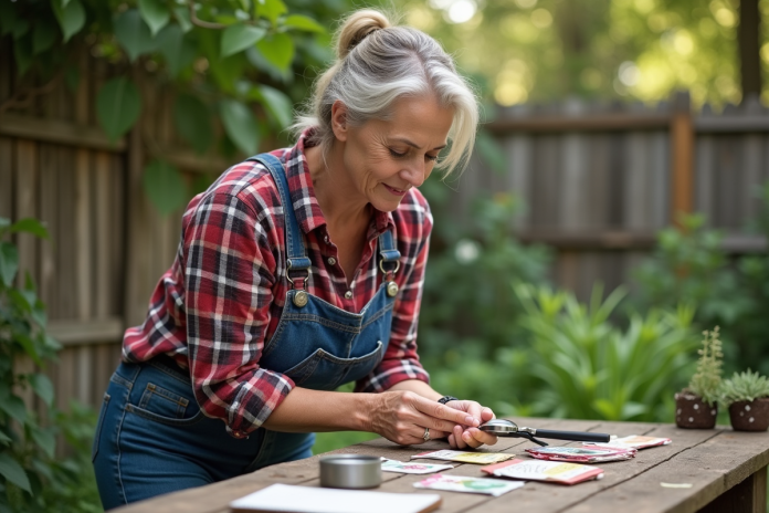 femme-jardinage-seeds Femme examinant des graines dans un jardin rustique