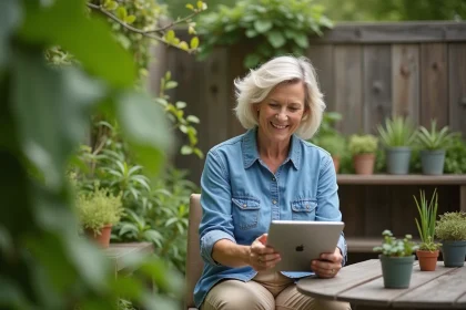 Femme souriante en jardinage avec tablette dans un jardin