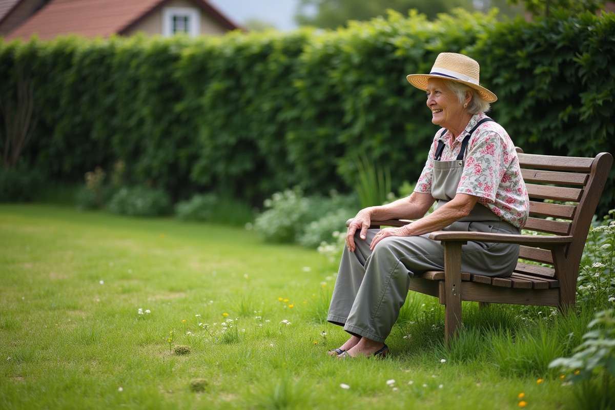 Femme âgée assise dans un jardin sauvage et verdoyant