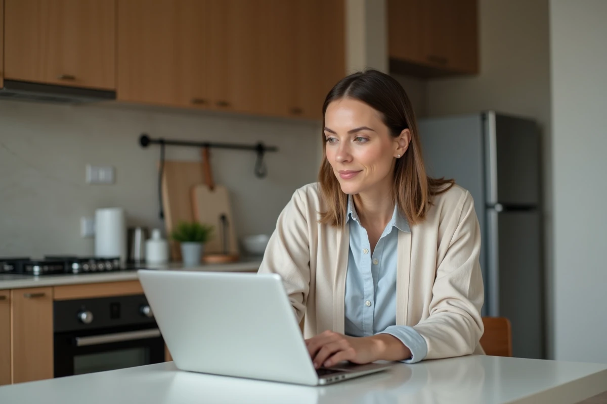 Femme lisant des avis sur un ordinateur portable dans une cuisine moderne