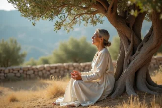 Femme en méditation près d'un olivier ancestral, symbolisme spirituel de l'olivier en 2026