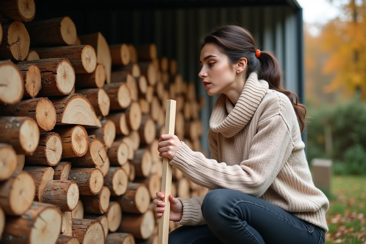 Femme mesurant un stère de bois empilé dans un jardin avec une règle en bois pour calculer le volume en m3