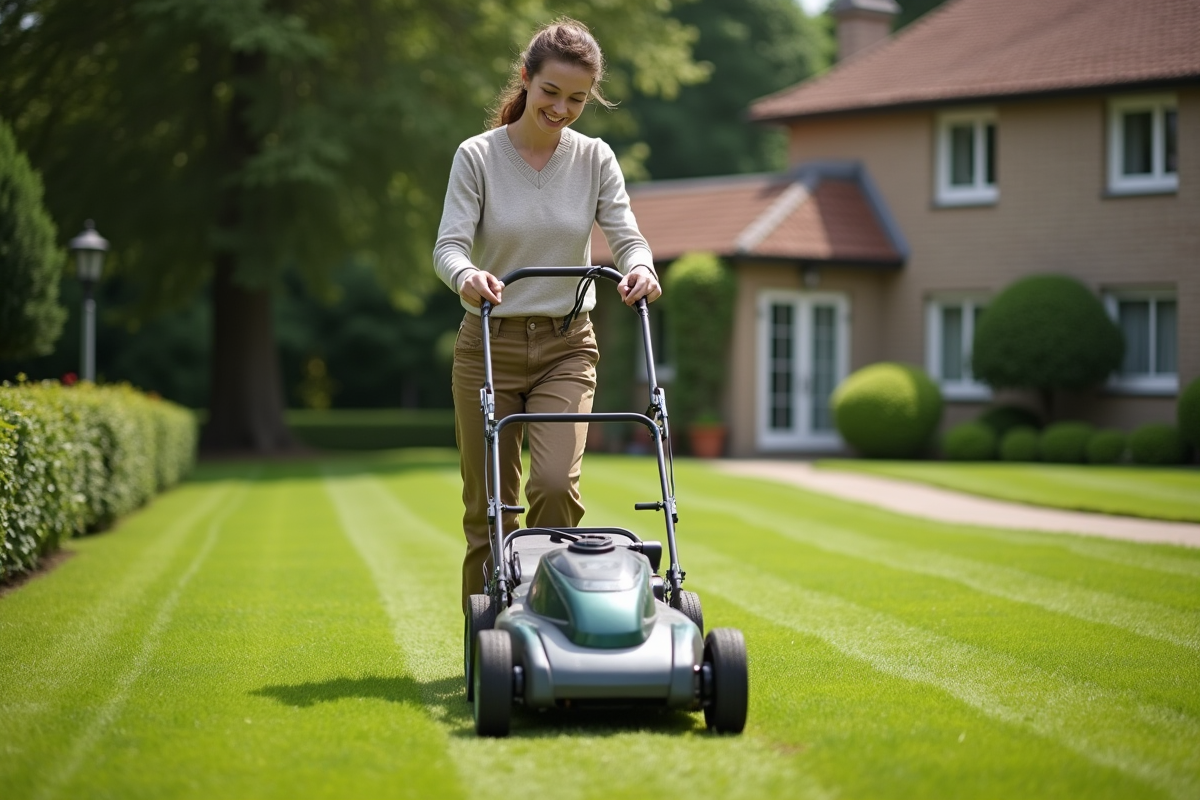 Femme utilise tondeuse electrique dans jardin verdoyant
